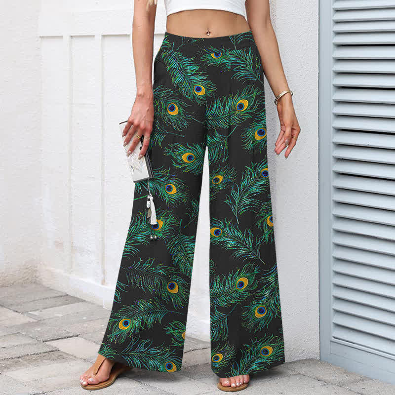 Buddha Stones Pantalones de mujer de algodón y lino con estampado de plumas de pavo real, cintura elástica y pernera ancha con bolsillos. - image 1