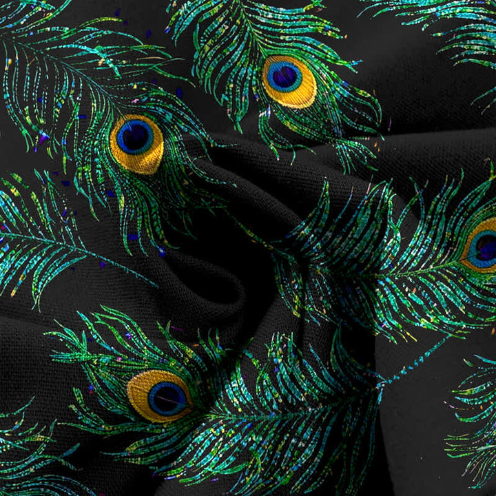 Buddha Stones Pantalones de mujer de algodón y lino con estampado de plumas de pavo real, cintura elástica y pernera ancha con bolsillos. - image 3