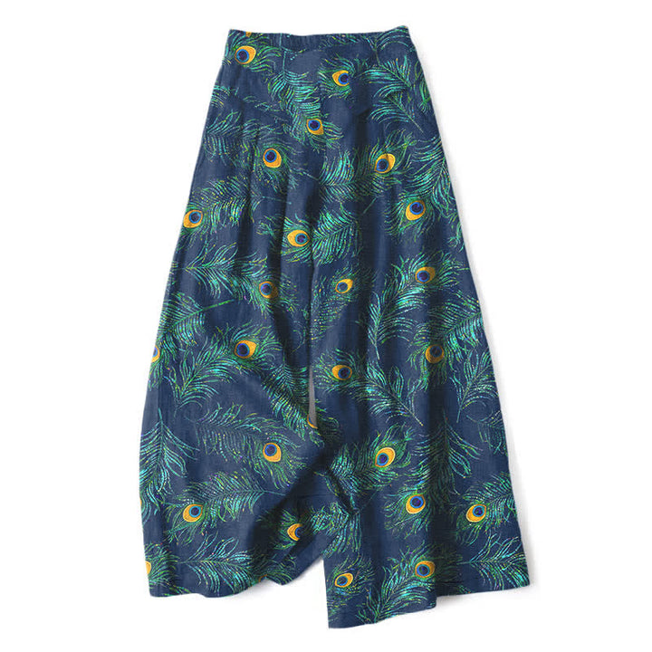 Buddha Stones Pantalones de mujer de algodón y lino con estampado de plumas de pavo real, cintura elástica y pernera ancha con bolsillos. - Marina de guerra - US16，UK/AU20，EU48 (3XL) - image 4