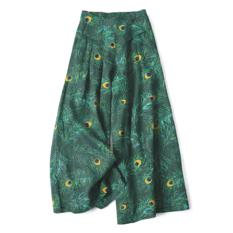 Buddha Stones Pantalones de mujer de algodón y lino con estampado de plumas de pavo real, cintura elástica y pernera ancha con bolsillos. - Verde bosque - US16，UK/AU20，EU48 (3XL) - image 6