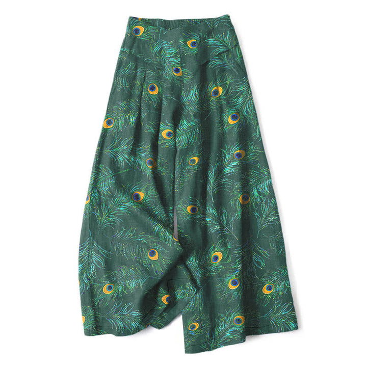 Buddha Stones Pantalones de mujer de algodón y lino con estampado de plumas de pavo real, cintura elástica y pernera ancha con bolsillos. - Verde bosque - US16，UK/AU20，EU48 (3XL) - image 6