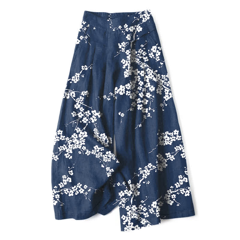Buddha Stones Pantalones de mujer de lino y algodón con estampado de ramas de cerezo en flor, cintura elástica, pernera ancha y bolsillos. - Marina de guerra - US16，UK/AU20，EU48 (3XL) - image 0