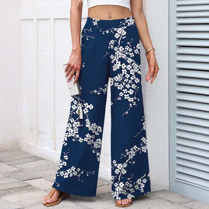 Buddha Stones Pantalones de mujer de lino y algodón con estampado de ramas de cerezo en flor, cintura elástica, pernera ancha y bolsillos. - image 1
