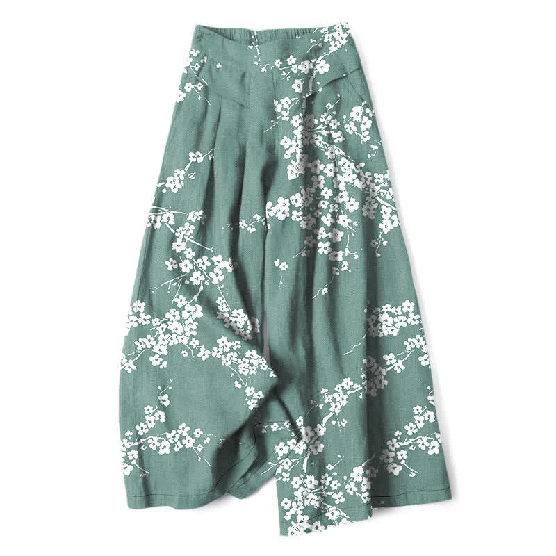 Buddha Stones Pantalones de mujer de lino y algodón con estampado de ramas de cerezo en flor, cintura elástica, pernera ancha y bolsillos. - Aguamarina medio - US16，UK/AU20，EU48 (3XL) - image 4