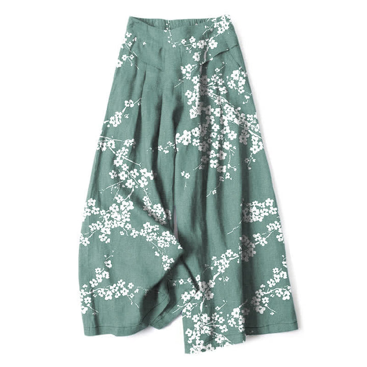 Buddha Stones Pantalones de mujer de lino y algodón con estampado de ramas de cerezo en flor, cintura elástica, pernera ancha y bolsillos. - Aguamarina medio - US16，UK/AU20，EU48 (3XL) - image 4
