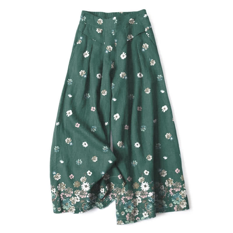 Buddha Stones Pantalones de mujer de algodón y lino con estampado floral vintage de margaritas, cintura elástica y pernera ancha con bolsillos. - Verdemar - US16，UK/AU20，EU48 (3XL) - image 0