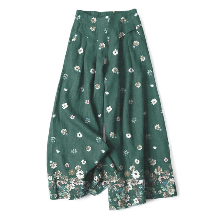 Buddha Stones Pantalones de mujer de algodón y lino con estampado floral vintage de margaritas, cintura elástica y pernera ancha con bolsillos. - Verdemar - US16，UK/AU20，EU48 (3XL) - image 0