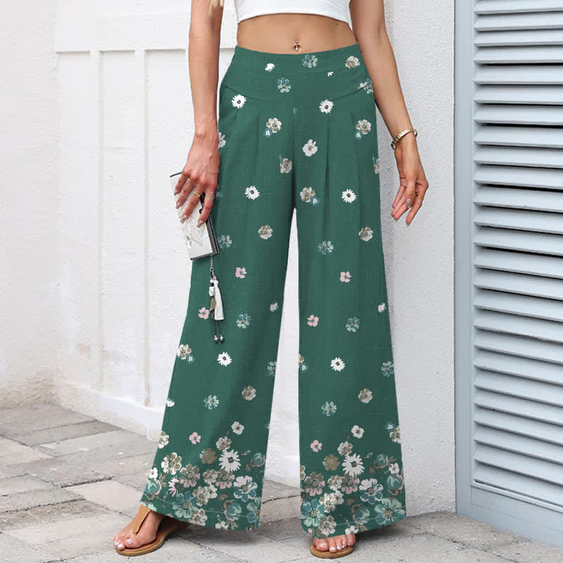 Buddha Stones Pantalones de mujer de algodón y lino con estampado floral vintage de margaritas, cintura elástica y pernera ancha con bolsillos. - image 1