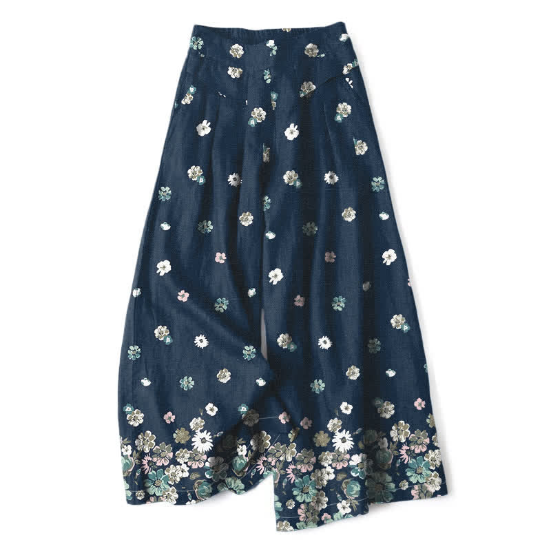 Buddha Stones Pantalones de mujer de algodón y lino con estampado floral vintage de margaritas, cintura elástica y pernera ancha con bolsillos. - Marina de guerra - US16，UK/AU20，EU48 (3XL) - image 4
