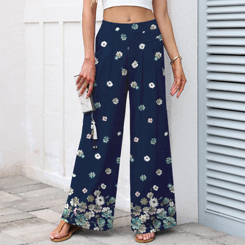 Buddha Stones Pantalones de mujer de algodón y lino con estampado floral vintage de margaritas, cintura elástica y pernera ancha con bolsillos. - image 5