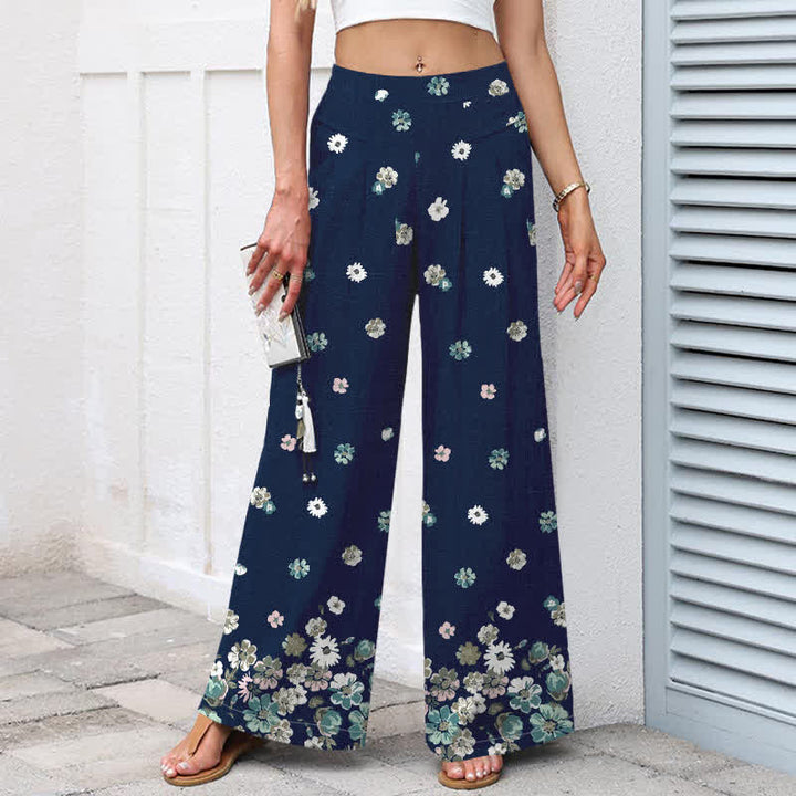 Buddha Stones Pantalones de mujer de algodón y lino con estampado floral vintage de margaritas, cintura elástica y pernera ancha con bolsillos. - image 5
