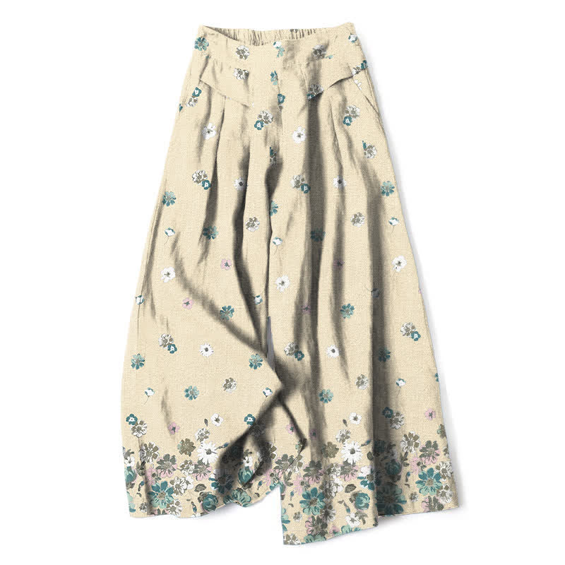 Buddha Stones Pantalones de mujer de algodón y lino con estampado floral vintage de margaritas, cintura elástica y pernera ancha con bolsillos. - Beige - US16，UK/AU20，EU48 (3XL) - image 6