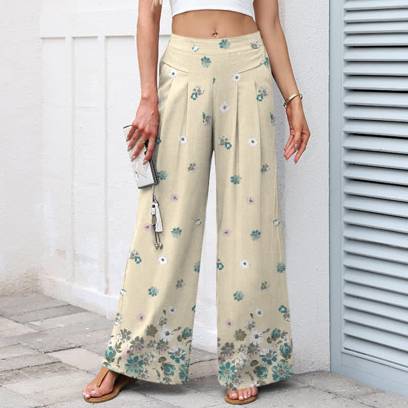 Buddha Stones Pantalones de mujer de algodón y lino con estampado floral vintage de margaritas, cintura elástica y pernera ancha con bolsillos. - image 7