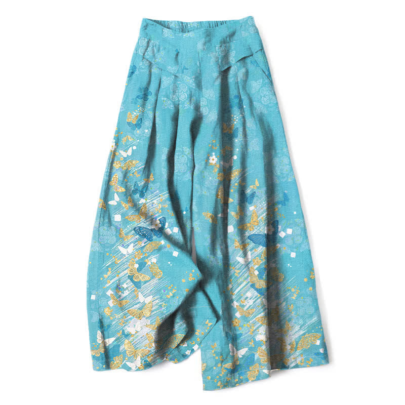 Buddha Stones Pantalones de mujer de algodón y lino con estampado floral bohemio de mariposas doradas, cintura elástica y pernera ancha con bolsillos. - Azul cielo profundo - US16，UK/AU20，EU48 (3XL) - image 0
