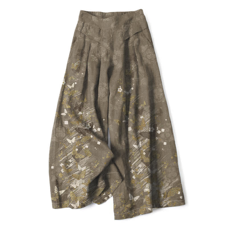 Buddha Stones Pantalones de mujer de algodón y lino con estampado floral bohemio de mariposas doradas, cintura elástica y pernera ancha con bolsillos. - Aceituna - US16，UK/AU20，EU48 (3XL) - image 4