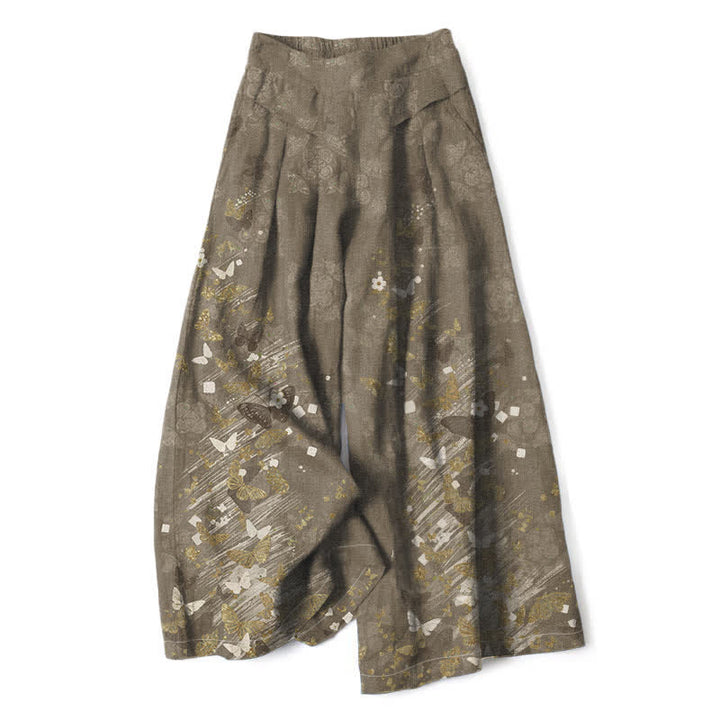 Buddha Stones Pantalones de mujer de algodón y lino con estampado floral bohemio de mariposas doradas, cintura elástica y pernera ancha con bolsillos. - Aceituna - US16，UK/AU20，EU48 (3XL) - image 4