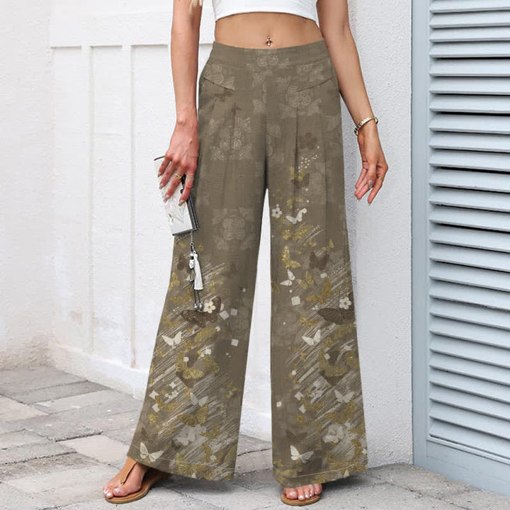 Buddha Stones Pantalones de mujer de algodón y lino con estampado floral bohemio de mariposas doradas, cintura elástica y pernera ancha con bolsillos. - image 5