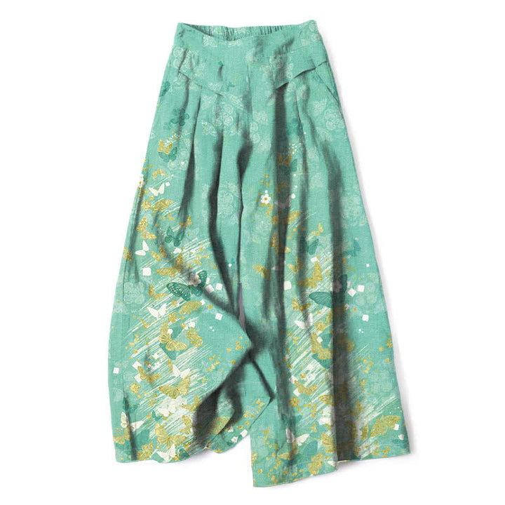 Buddha Stones Pantalones de mujer de algodón y lino con estampado floral bohemio de mariposas doradas, cintura elástica y pernera ancha con bolsillos. - Aguamarina medio - US16，UK/AU20，EU48 (3XL) - image 6