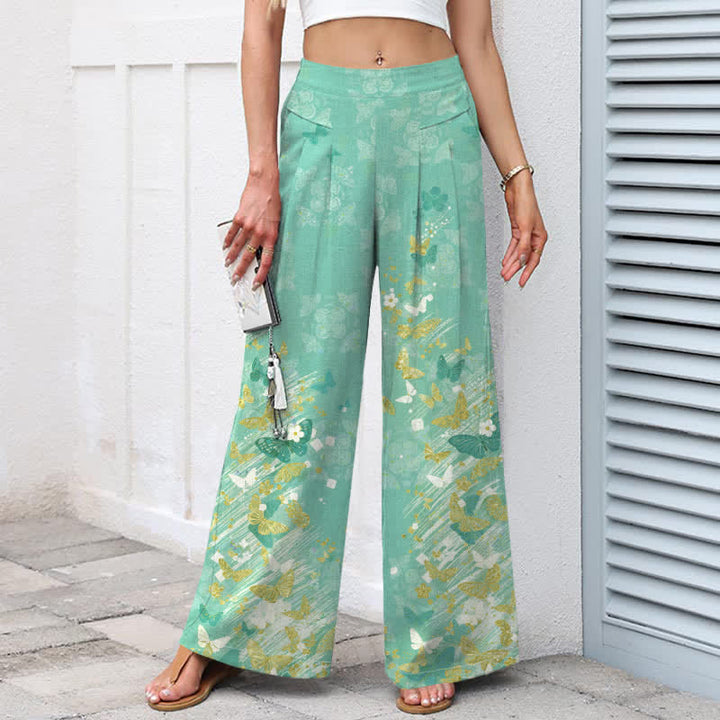 Buddha Stones Pantalones de mujer de algodón y lino con estampado floral bohemio de mariposas doradas, cintura elástica y pernera ancha con bolsillos. - image 7
