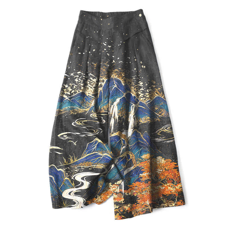 Buddha Stones Pantalones de mujer de lino y algodón con estampado de paisaje oriental, cintura elástica y pernera ancha con bolsillos. - Negro - US16，UK/AU20，EU48 (3XL) - image 0