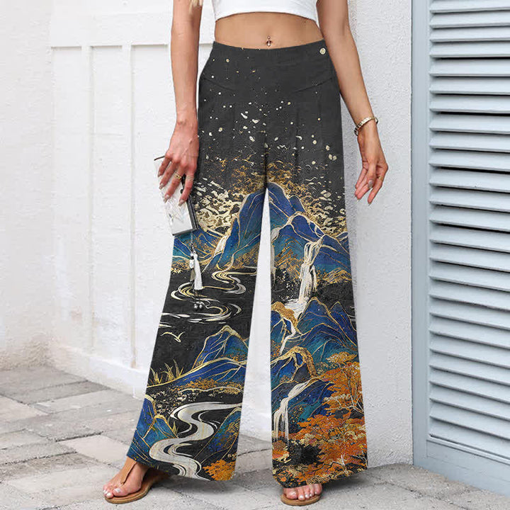 Buddha Stones Pantalones de mujer de lino y algodón con estampado de paisaje oriental, cintura elástica y pernera ancha con bolsillos. - image 1