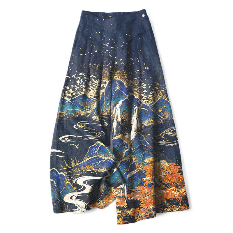 Buddha Stones Pantalones de mujer de lino y algodón con estampado de paisaje oriental, cintura elástica y pernera ancha con bolsillos. - Marina de guerra - US16，UK/AU20，EU48 (3XL) - image 4