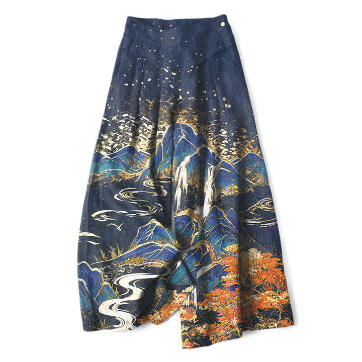 Buddha Stones Pantalones de mujer de lino y algodón con estampado de paisaje oriental, cintura elástica y pernera ancha con bolsillos. - Marina de guerra - US16，UK/AU20，EU48 (3XL) - image 4