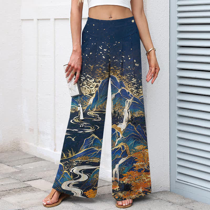 Buddha Stones Pantalones de mujer de lino y algodón con estampado de paisaje oriental, cintura elástica y pernera ancha con bolsillos. - image 5