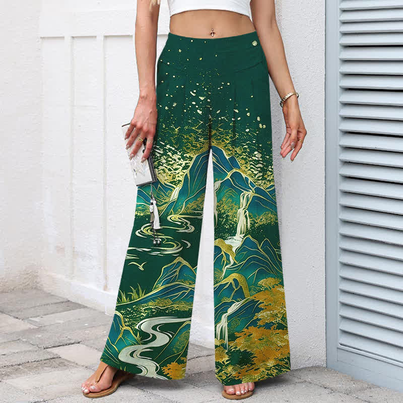 Buddha Stones Pantalones de mujer de lino y algodón con estampado de paisaje oriental, cintura elástica y pernera ancha con bolsillos. - image 7