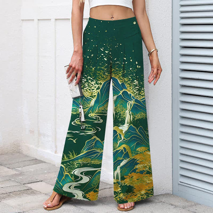 Buddha Stones Pantalones de mujer de lino y algodón con estampado de paisaje oriental, cintura elástica y pernera ancha con bolsillos. - image 7
