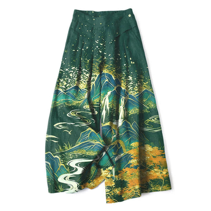 Buddha Stones Pantalones de mujer de lino y algodón con estampado de paisaje oriental, cintura elástica y pernera ancha con bolsillos. - Verde bosque - US16，UK/AU20，EU48 (3XL) - image 6