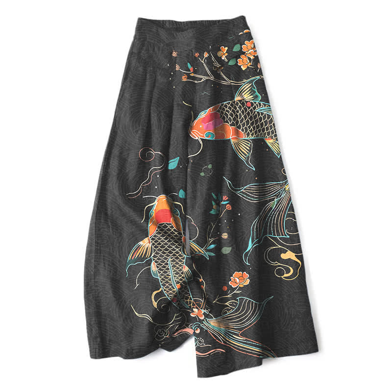 Buddha Stones Pantalones de mujer de algodón y lino con estampado floral de peces koi, cintura elástica y pernera ancha con bolsillos. - Negro - US16，UK/AU20，EU48 (3XL) - image 0