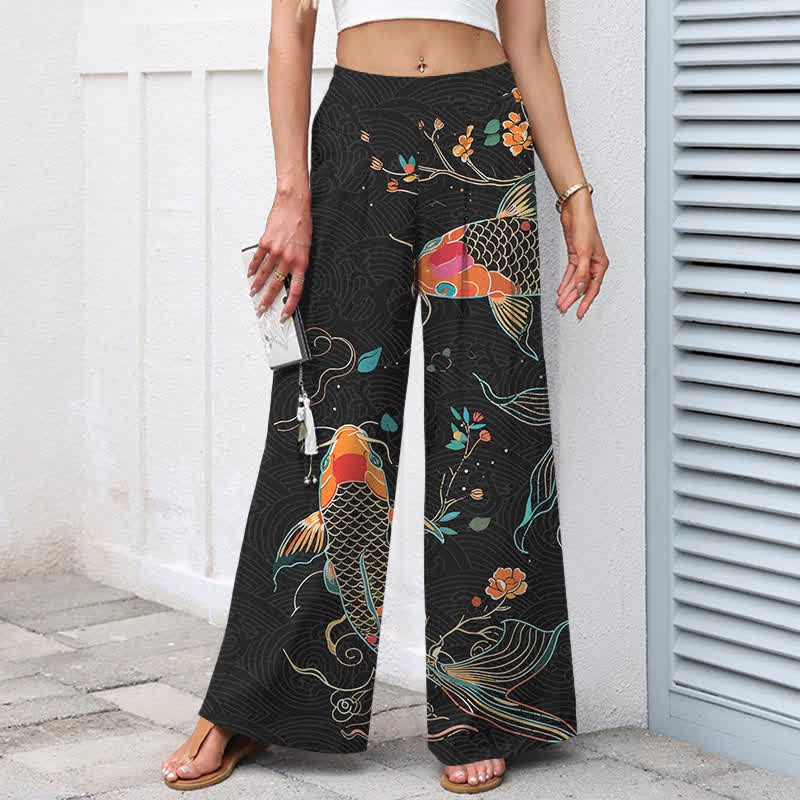 Buddha Stones Pantalones de mujer de algodón y lino con estampado floral de peces koi, cintura elástica y pernera ancha con bolsillos. - image 1