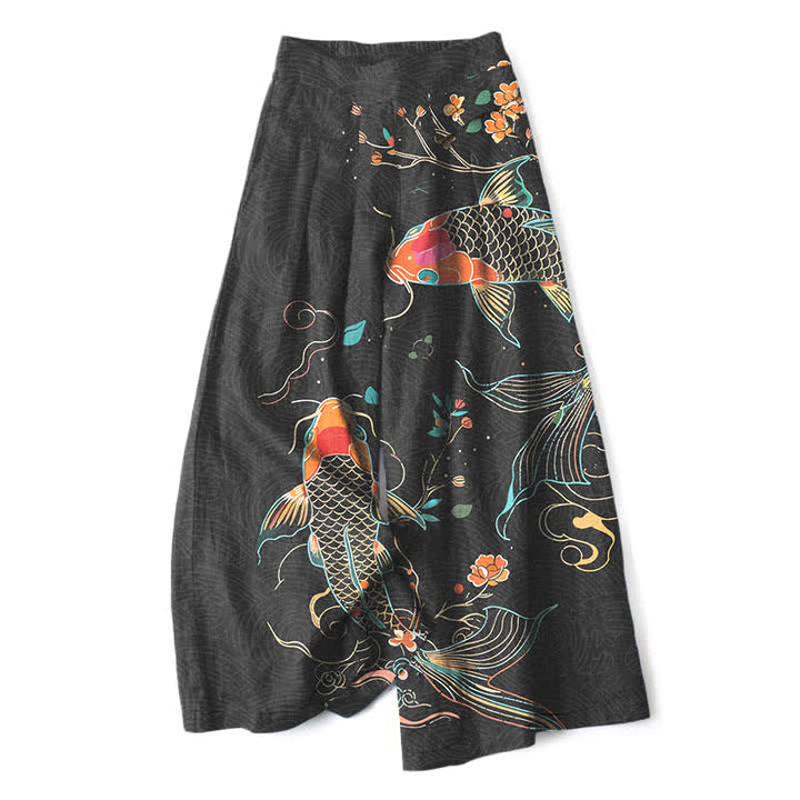 Buddha Stones Pantalones de mujer de algodón y lino con estampado floral de peces koi, cintura elástica y pernera ancha con bolsillos. - Negro - US16，UK/AU20，EU48 (3XL) - image 0
