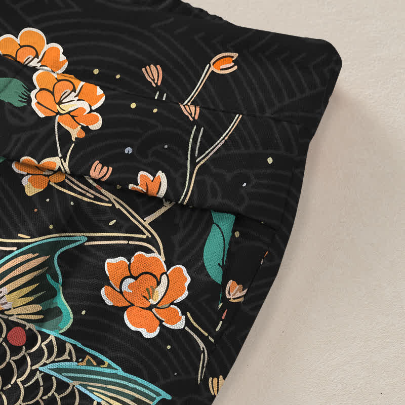 Buddha Stones Pantalones de mujer de algodón y lino con estampado floral de peces koi, cintura elástica y pernera ancha con bolsillos. - image 2