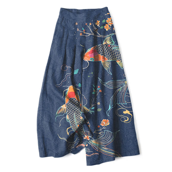 Buddha Stones Pantalones de mujer de algodón y lino con estampado floral de peces koi, cintura elástica y pernera ancha con bolsillos. - Marina de guerra - US16，UK/AU20，EU48 (3XL) - image 4