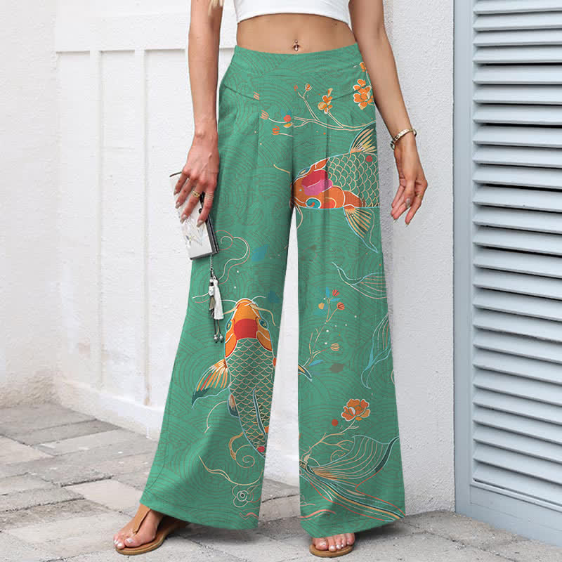 Buddha Stones Pantalones de mujer de algodón y lino con estampado floral de peces koi, cintura elástica y pernera ancha con bolsillos. - image 7