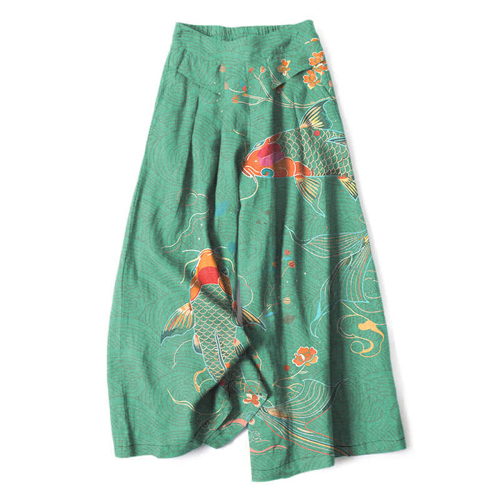 Buddha Stones Pantalones de mujer de algodón y lino con estampado floral de peces koi, cintura elástica y pernera ancha con bolsillos. - Verde mar medio - US16，UK/AU20，EU48 (3XL) - image 6