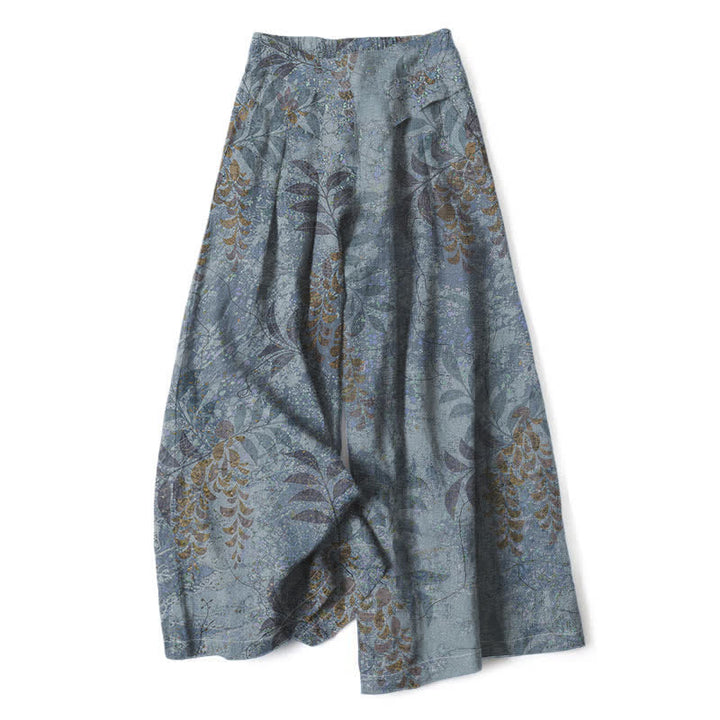 Buddha Stones Pantalones de mujer de lino y algodón con estampado vintage de hojas, cintura elástica y pernera ancha con bolsillos. - Gris pizarra claro - US16，UK/AU20，EU48 (3XL) - image 0