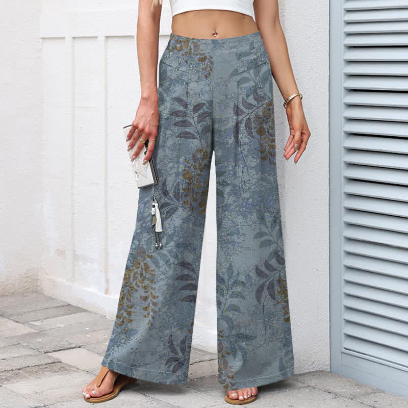 Buddha Stones Pantalones de mujer de lino y algodón con estampado vintage de hojas, cintura elástica y pernera ancha con bolsillos. - image 1
