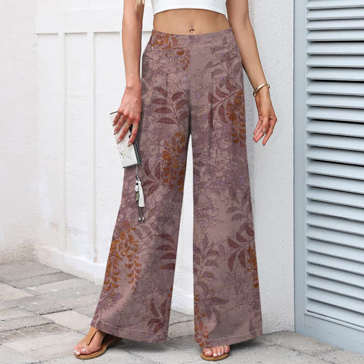 Buddha Stones Pantalones de mujer de lino y algodón con estampado vintage de hojas, cintura elástica y pernera ancha con bolsillos. - image 5