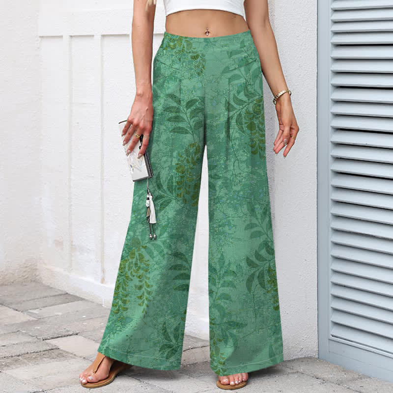 Buddha Stones Pantalones de mujer de lino y algodón con estampado vintage de hojas, cintura elástica y pernera ancha con bolsillos. - image 7