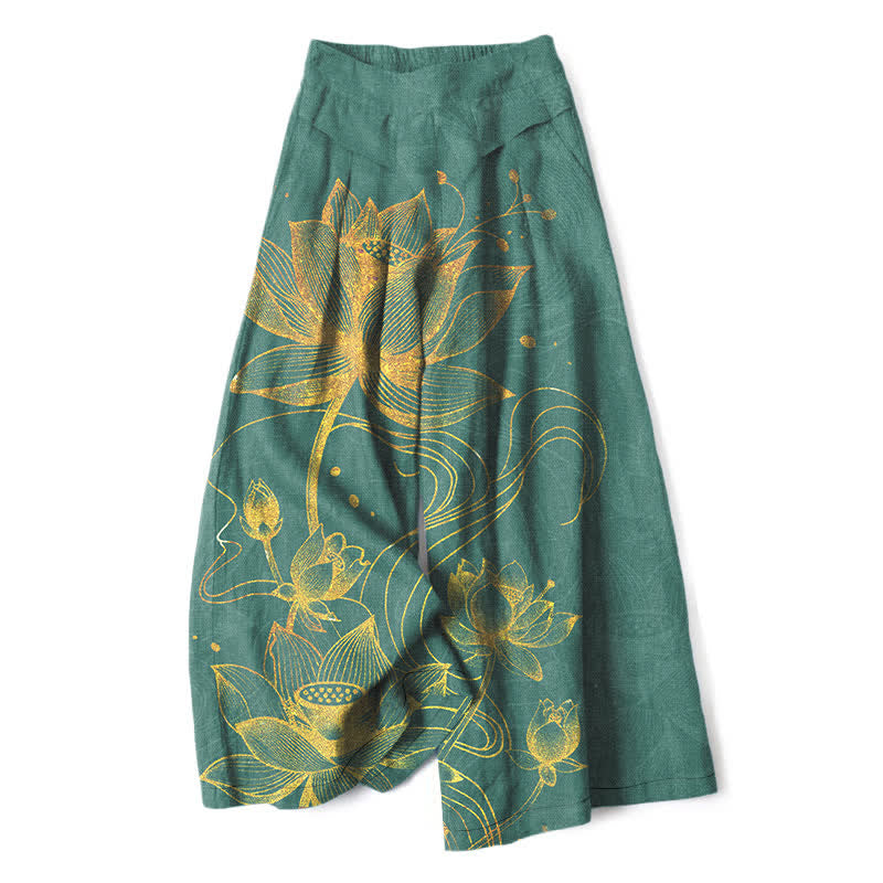Buddha Stones Pantalones de mujer de algodón y lino con estampado de loto dorado, cintura elástica y pernera ancha con bolsillos. - Verdemar - US16，UK/AU20，EU48 (3XL) - image 0
