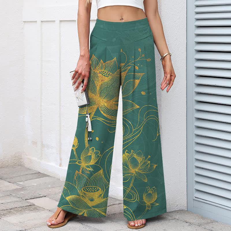 Buddha Stones Pantalones de mujer de algodón y lino con estampado de loto dorado, cintura elástica y pernera ancha con bolsillos. - image 1