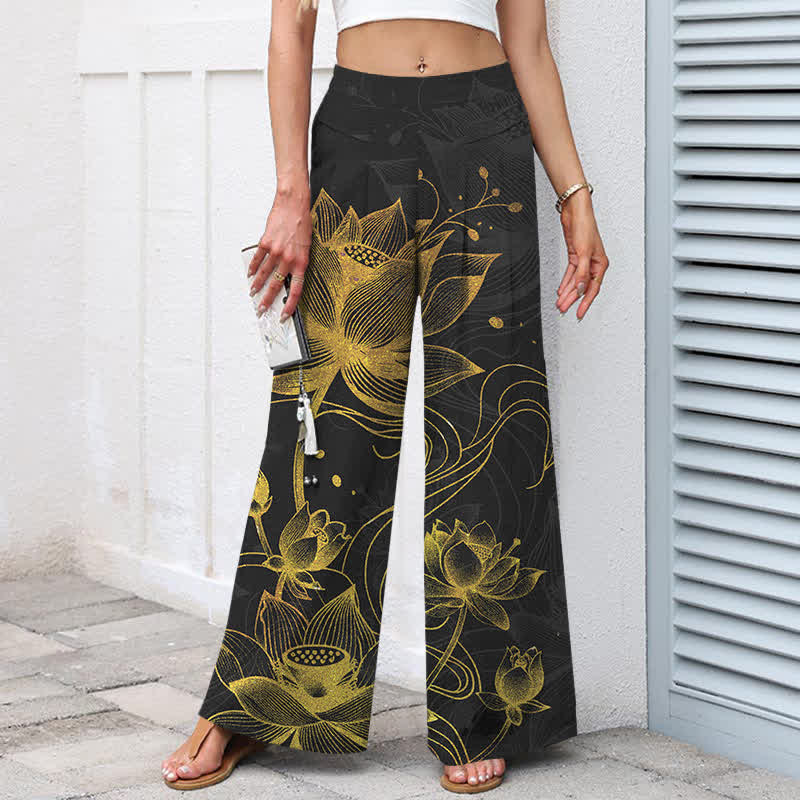 Buddha Stones Pantalones de mujer de algodón y lino con estampado de loto dorado, cintura elástica y pernera ancha con bolsillos. - image 5