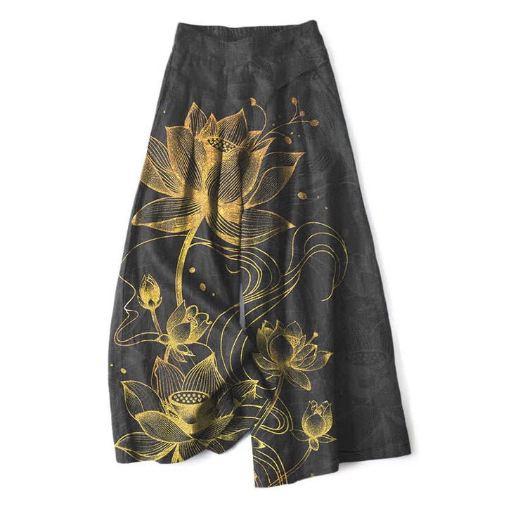 Buddha Stones Pantalones de mujer de algodón y lino con estampado de loto dorado, cintura elástica y pernera ancha con bolsillos. - Negro - US16，UK/AU20，EU48 (3XL) - image 4
