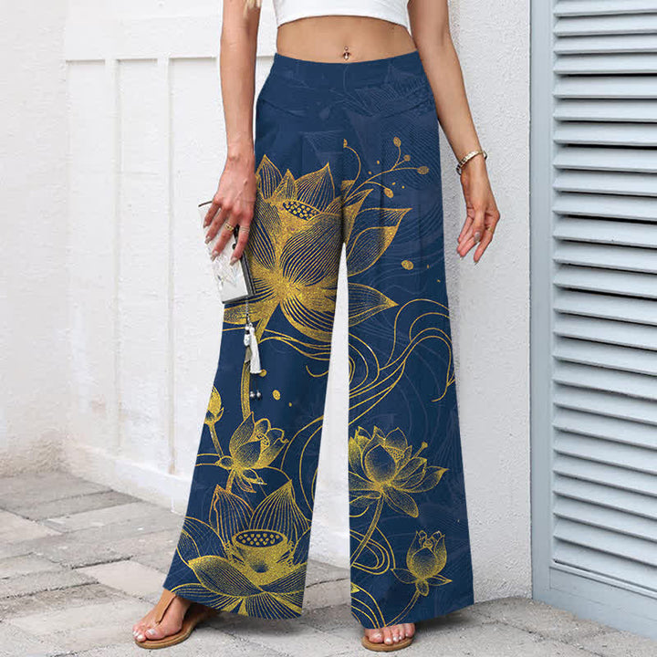 Buddha Stones Pantalones de mujer de algodón y lino con estampado de loto dorado, cintura elástica y pernera ancha con bolsillos. - image 7