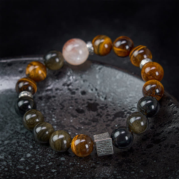 Buddha Stones Pulsera protectora de cuentas de cuarzo con inclusiones de obsidiana y brillo dorado ojo de tigre - image 2