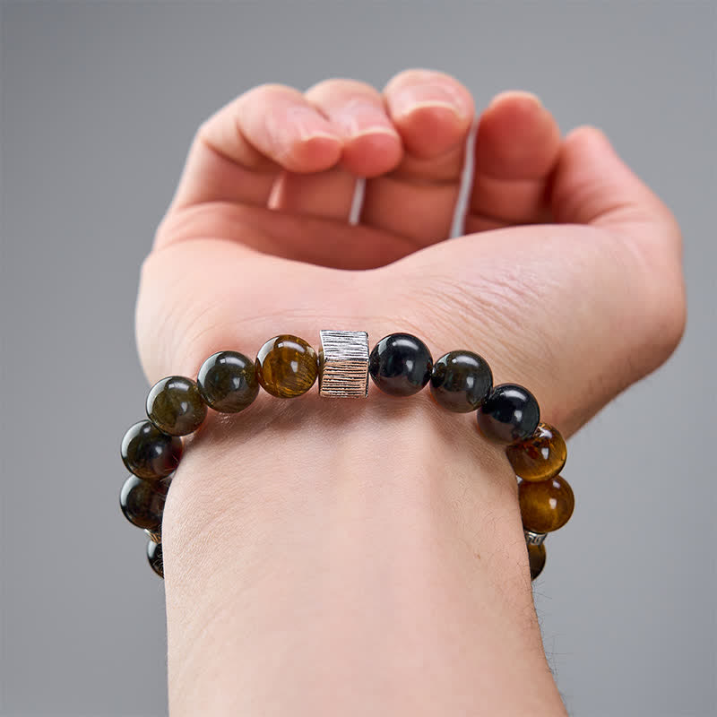Buddha Stones Pulsera protectora de cuentas de cuarzo con inclusiones de obsidiana y brillo dorado ojo de tigre - image 4