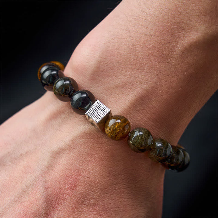 Buddha Stones Pulsera protectora de cuentas de cuarzo con inclusiones de obsidiana y brillo dorado ojo de tigre - image 3